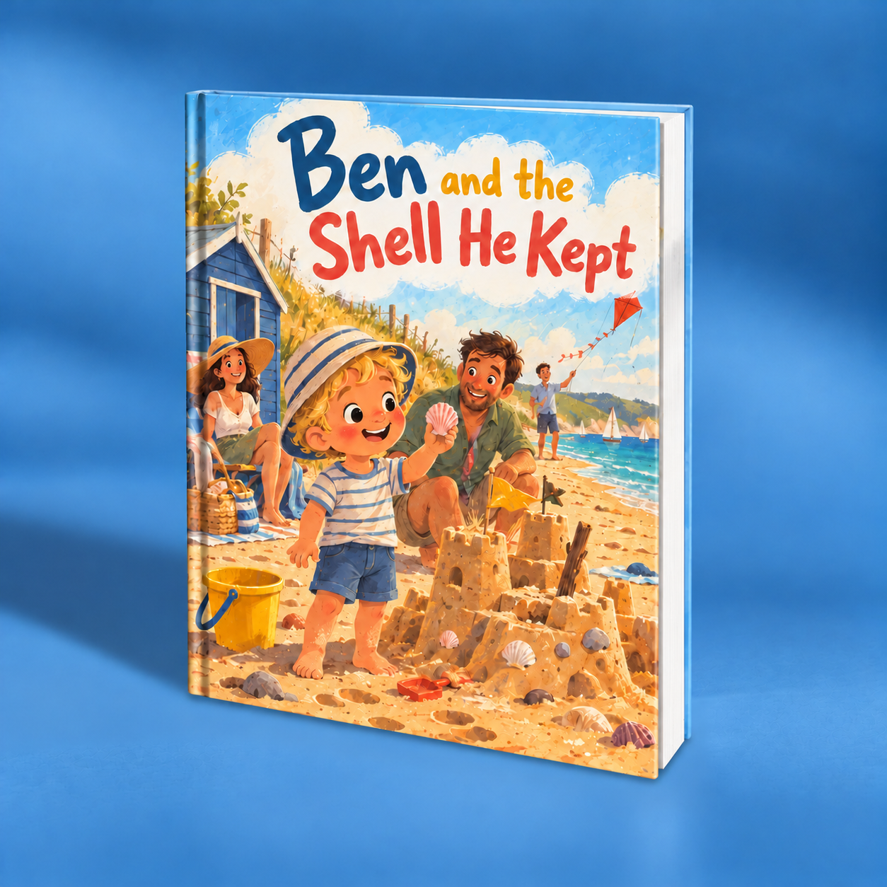 Personalized book mockup celebrating a family seaside memory